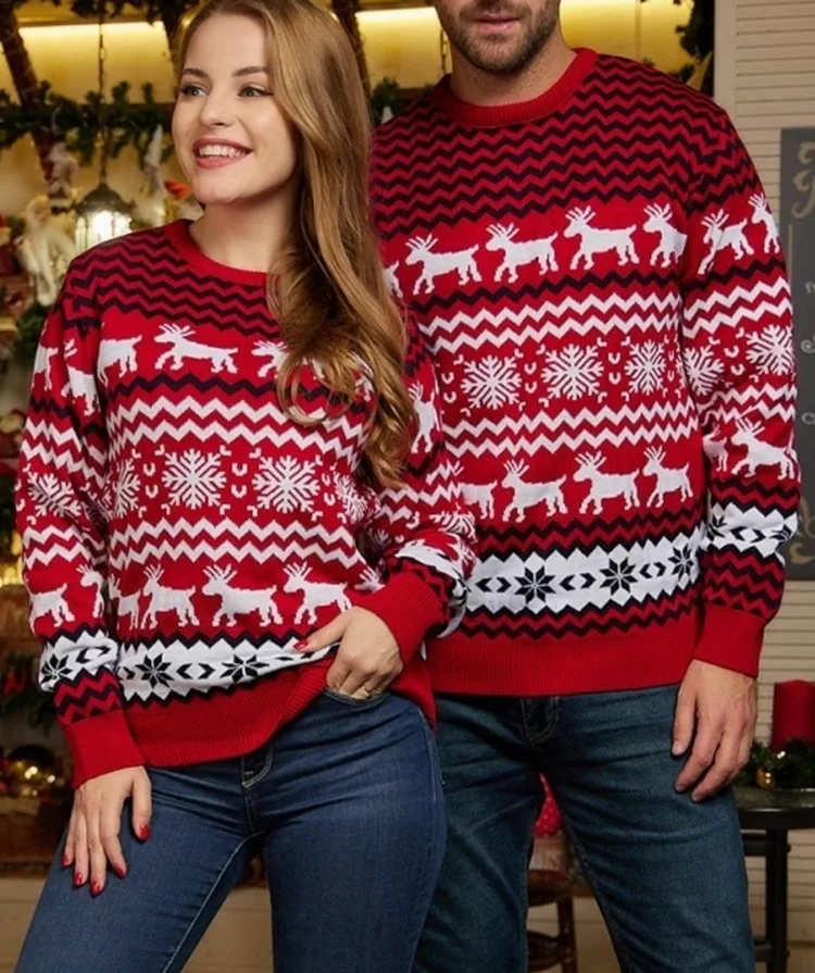 

Autumn Winter Women Men Christmas Sweaters Couples Matching Outfits Warm Thicken Sweater Soft Jacquard Knitwear Family Pullover