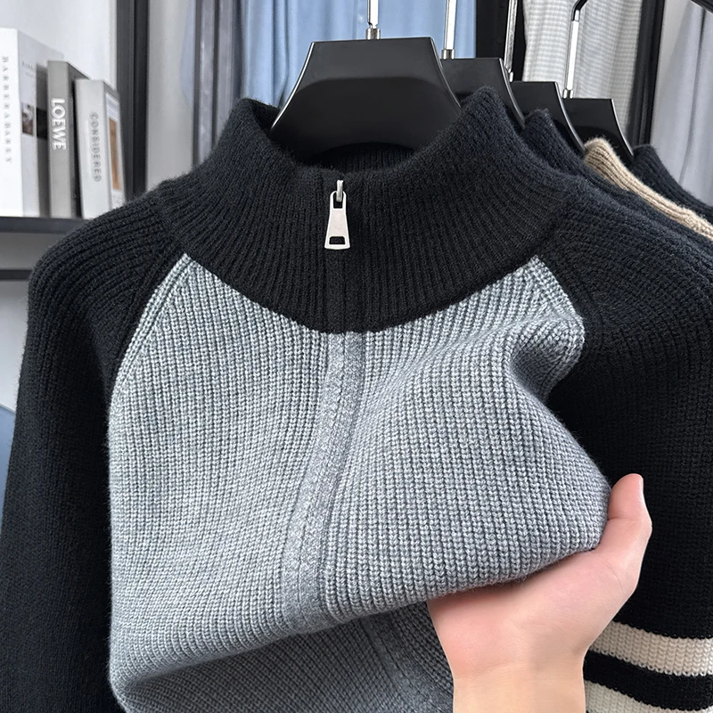 High End Men's Knitted Cardigan Fashion Brand Stripes Zipper Design Mock Neck Autumn Winter New Personalized Casual Sweater Coat