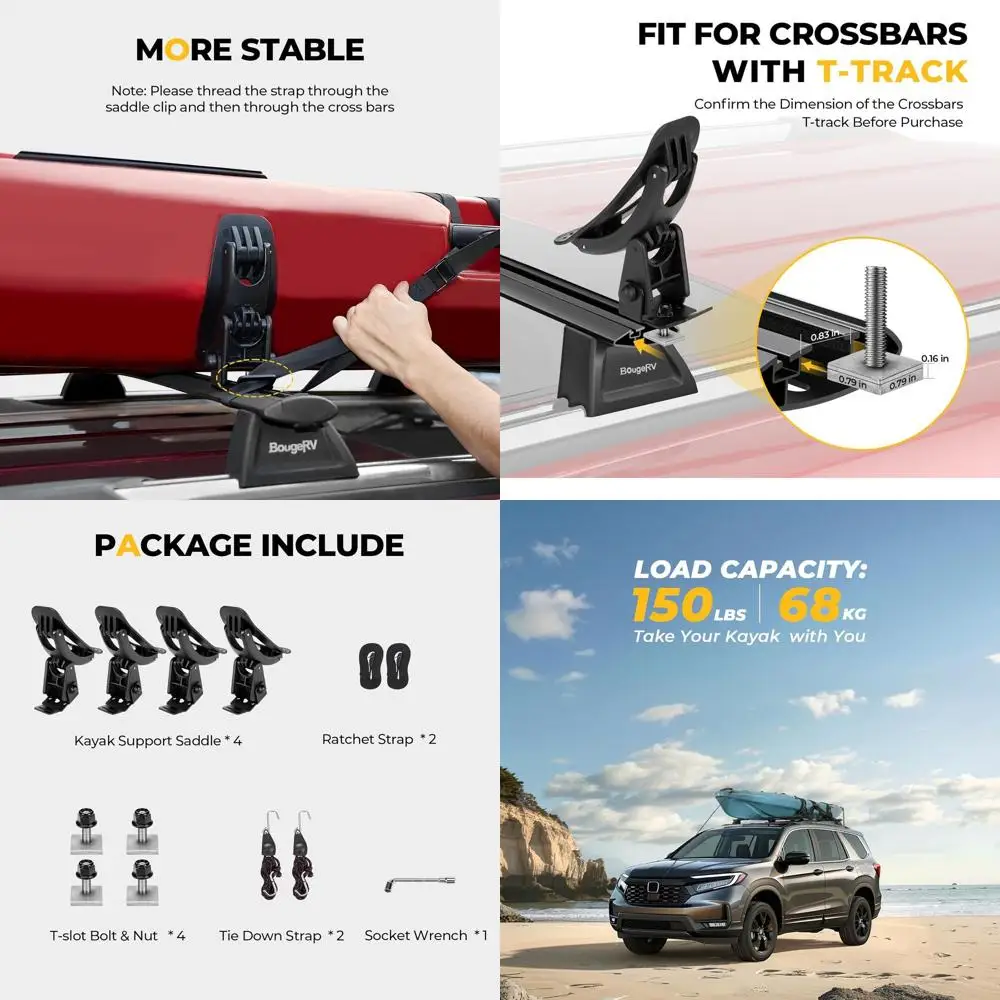 

Universal Kayak Roof Rack Mounts with T-Track, Fits Cross Bars, Holds 150lbs, Includes Straps for Kayaks, Paddle Boards, and Sur