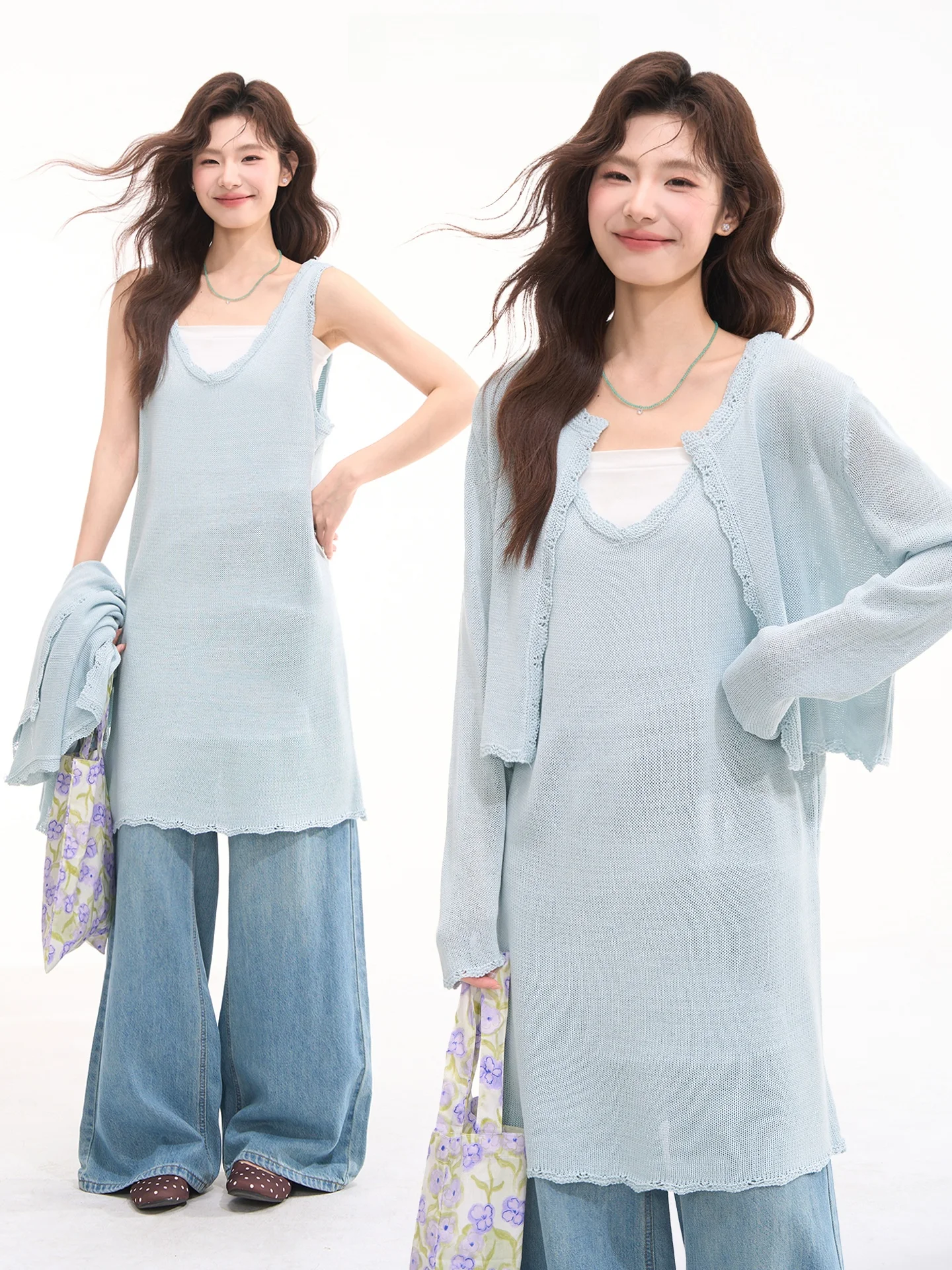 

Корейский стиль: вязаный кардиган и топ без бретелек с длинными рукавами, комплект из двух предметов, весна-лето, повседневный, свободный крой, однотонный, с пуговицами