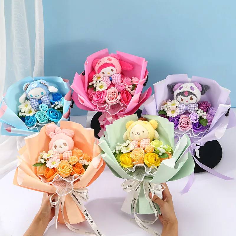 Sanrios Kawaii Kuromi Cinnamoroll Plush Doll Bouquet Girls Festival Gift Cute Cartoon My Melody Soap Bouquet Girlfriend Gifts