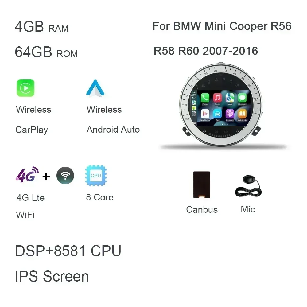 Kabelloses Carplay DSP 8GB 128GB 7' Android 14.0 Autoradio Multimedia-Player für BMW Mini Cooper R55 R56 R57 R58 R60 2007-2013