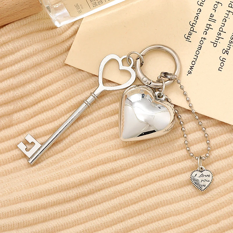 Ins Style Silver Heart Key Chain Key Pendant Headphone Case Charm Bag Decor Car Key Ring