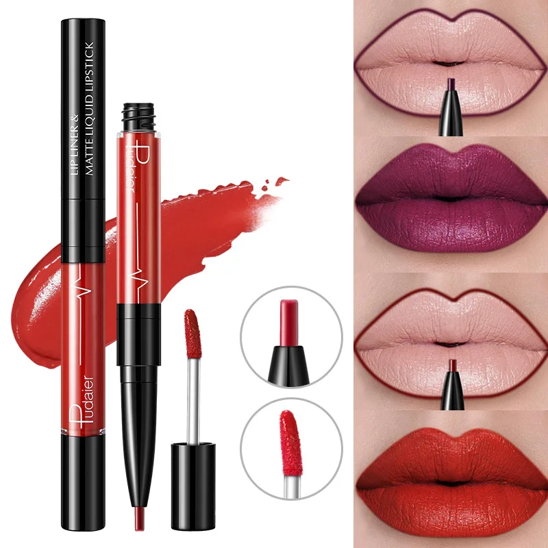 Pudaier 2 in 1 Velvet Mist Combined Double Lipgloss Lipliner Pencil Waterproof Long Lasting Lip gloss Pigment Lip Liner Pen