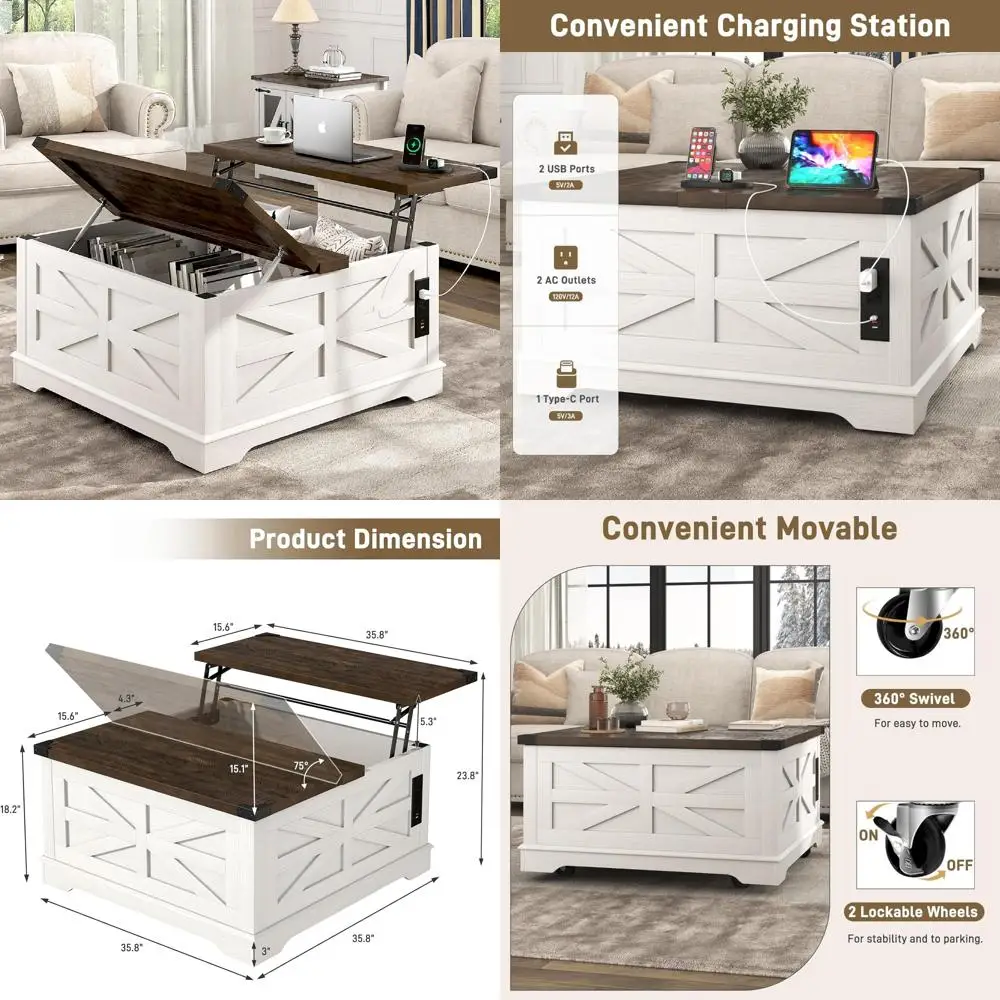 Mesa de centro elevable móvil con almacenamiento y tomas de corriente, mesa cuadrada de madera para sala de estar con ruedas y gran espacio oculto