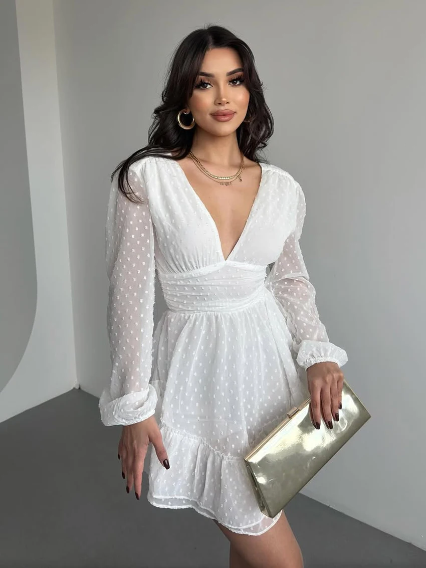 Marthaqiqi White Elegant Women Nightwear Long Sleeve Sleepwear V-Neck Pajamas Lace Up Pyjamas Mini Dress Casual Ladies Nightgown