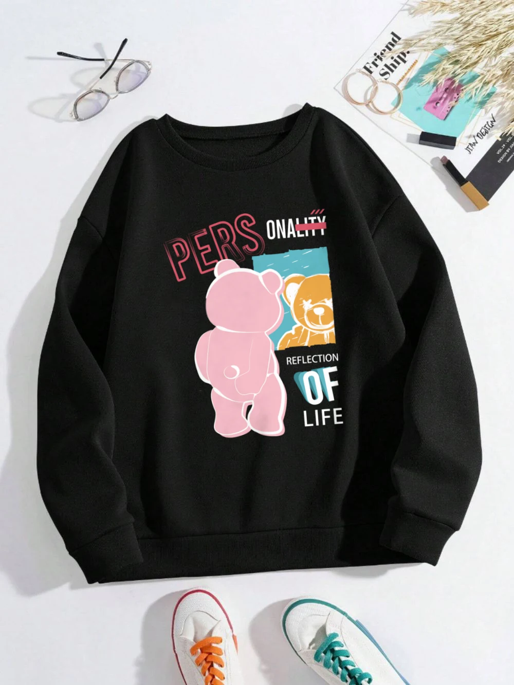 Reflection Of Life Sweatshirts Womens Bear Printing Hoodies Loose Fleece Warm Crewneck Clothes Winter Sporty Womans Pullover