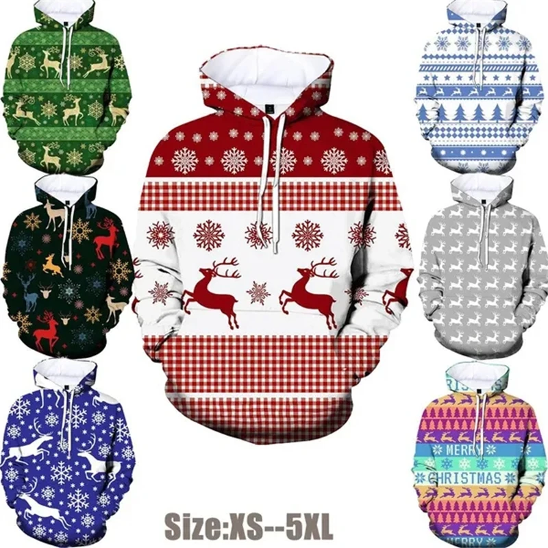 Men Women Reindeer Christmas Gift Sweater Pullover Xmas Hoodie Sweatshirt 3D Funny Printed Holiday Party Jumper Tops Clothing