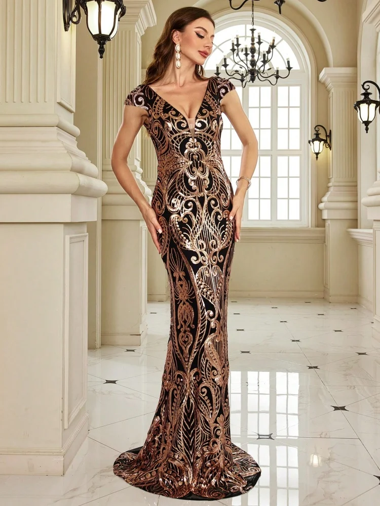 Elegant V คอสีดําเลื่อมชุดราตรี 2025 ผู้หญิงหรูหราแขนกุด Maxi ชุดนางเงือกหรูหราชุดราตรีชุด