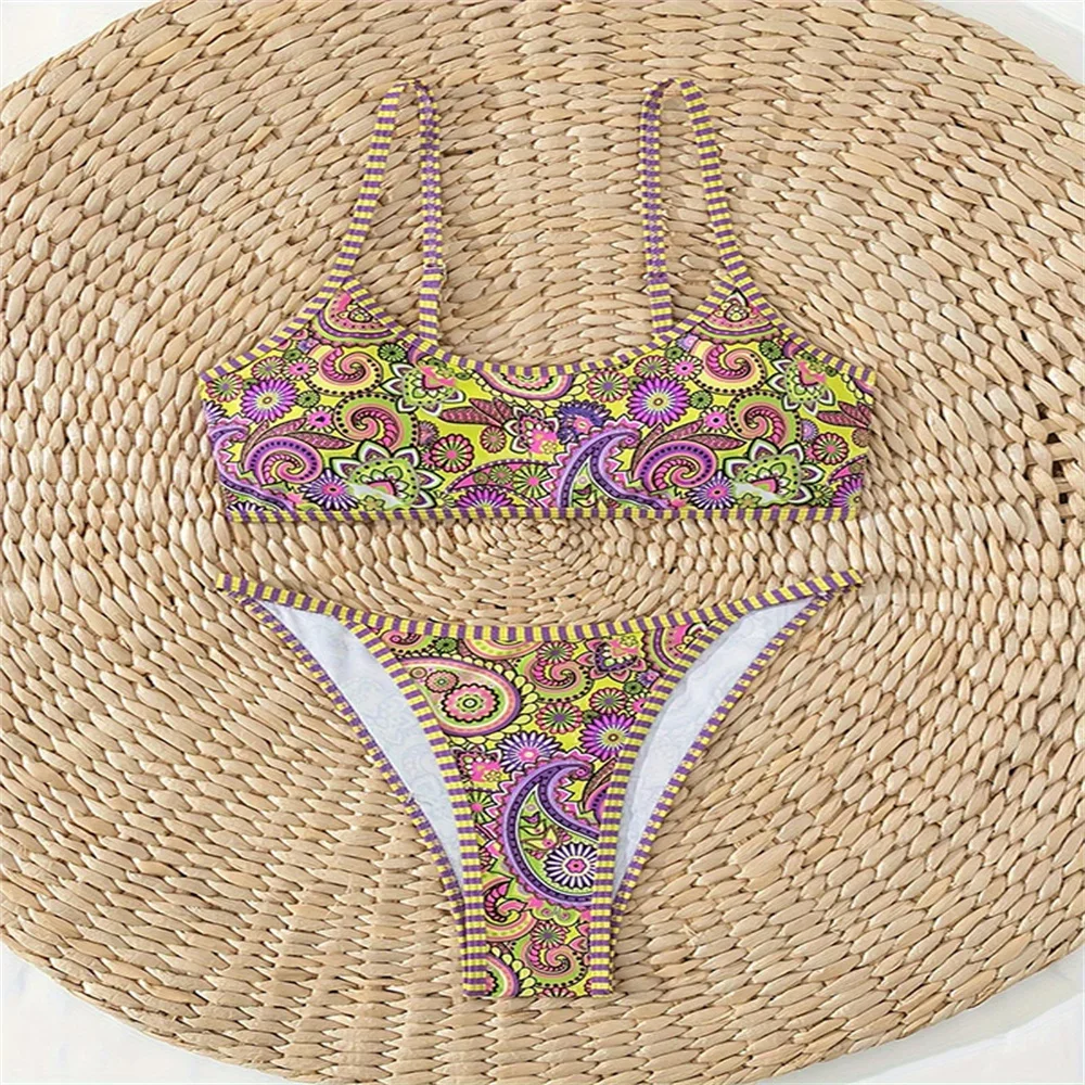Vintage Print Bikinis Sets Striped Border Y2K Bikini Swimsuit Push Up Vacation Swimwears Women Beach Outfit Bathing Suit Biquini