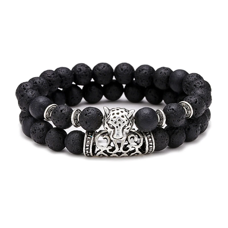 พรีเมี่ยม 2 ชิ้น/เซ็ตเสือดาวลูกปัดผู้ชายเครื่องแต่งกายสร้อยข้อมือลาวาธรรมชาติ Tiger Eyes สร้อยข้อมือหิน Healing Homme มือ Joias