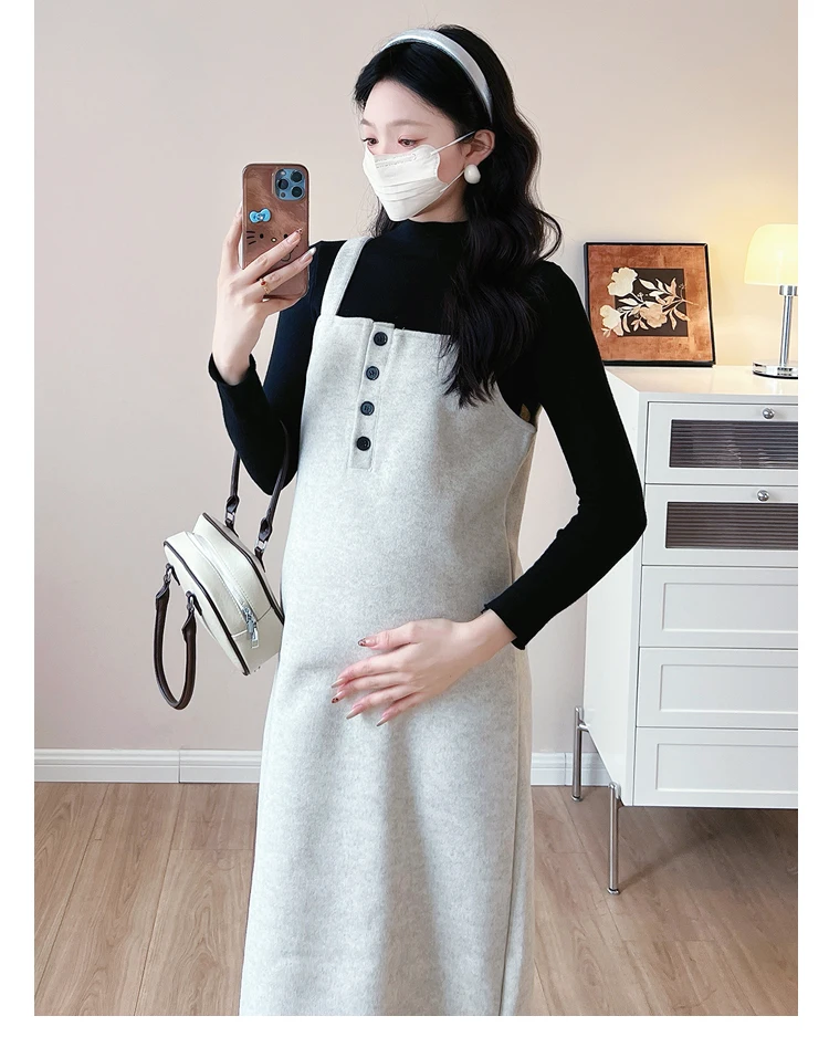 

2024 fall/winter plus size pregnant women clothes set turtleneck sweater+sundress twinset preppy style maternity dress suits