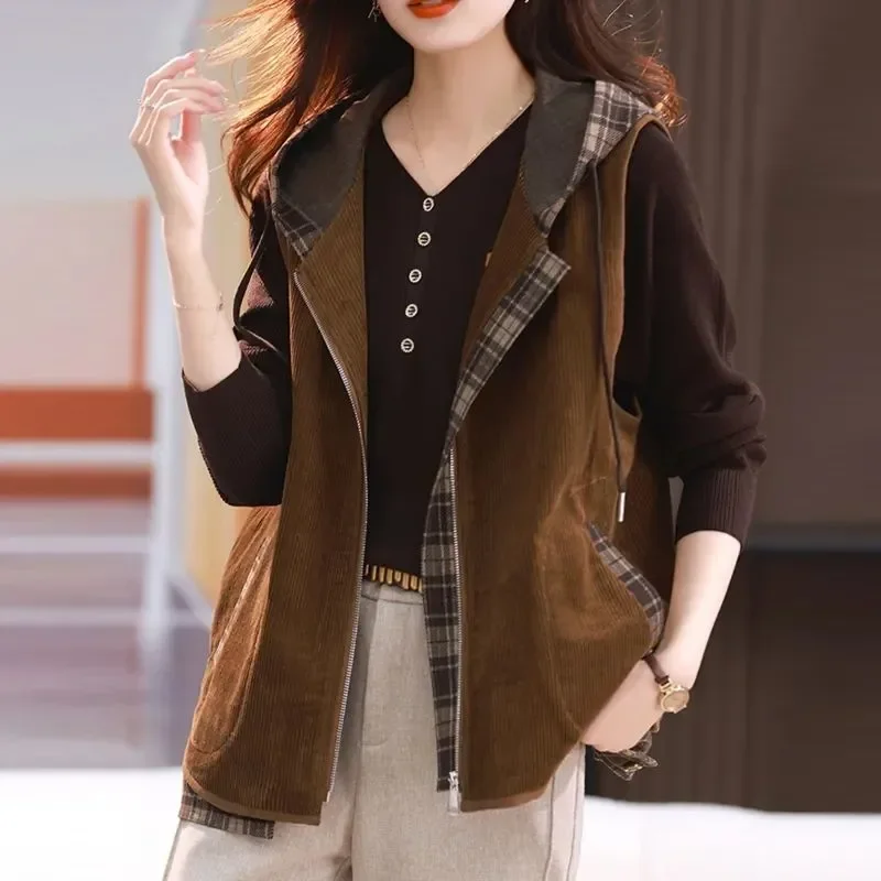 

Женский повседневный клетчатый лоскутный жилет с застежкой-молнией и карманами для весенне-осенней одежды