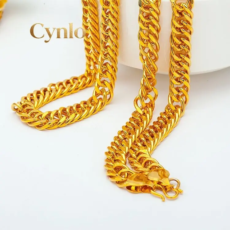 Cynlo Jewelry Unisex 24K AU999 Gold Necklace 10MM 60CM Bold Boss Chain Polished Twisted Sideways Design with Blessing Clasp for