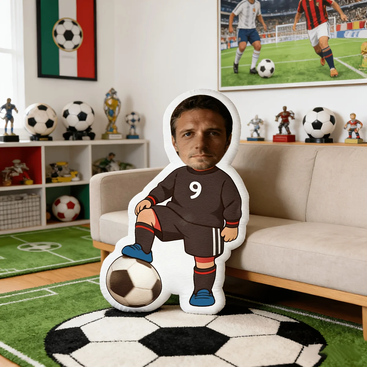 Upload photos to customize a soccer player's humanoid pillow, size 9 jersey, cartoon body pillow, fan friendly gift, suitable fo