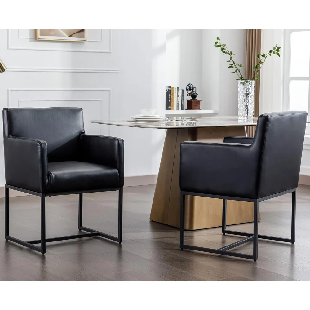 

Faux Leather Upholstered Dining Chairs with Arms Set of 2, Mid Century Modern Padded Kitchen Chair with Black Metal Frame