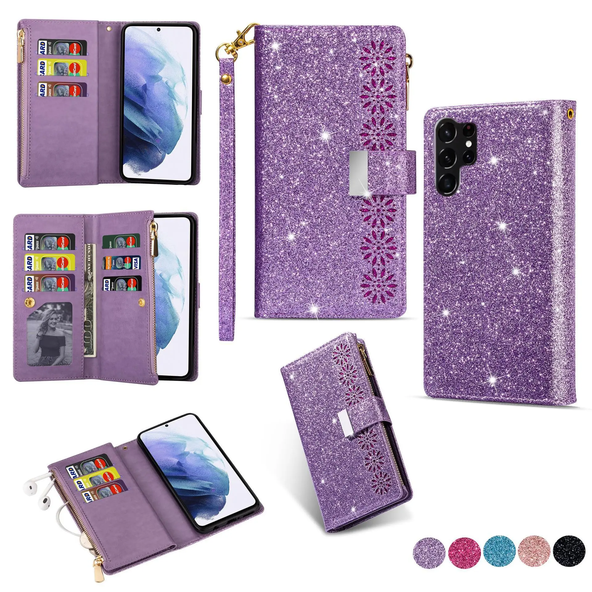 

Wrist Strap Zipper Flip Case For Redmi Note 14 13 12S 12R 12 11S 11 10T 10 9 8 Pro 5G Multi 9 Cards Glitter Leather Wallet Cover