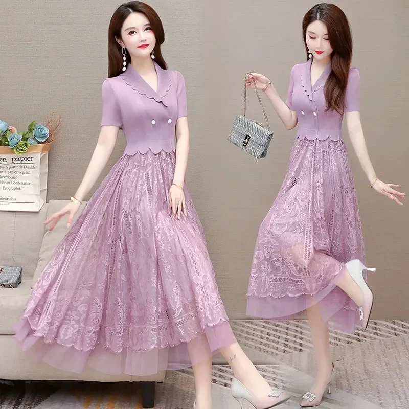 Anzug Kragen Patchwork Spitze Mesh Hohl Gefaltete Lange Kleid Frauen Sommer Neue Gefälschte Zwei-stück Damen Party Abendkleider vestidos