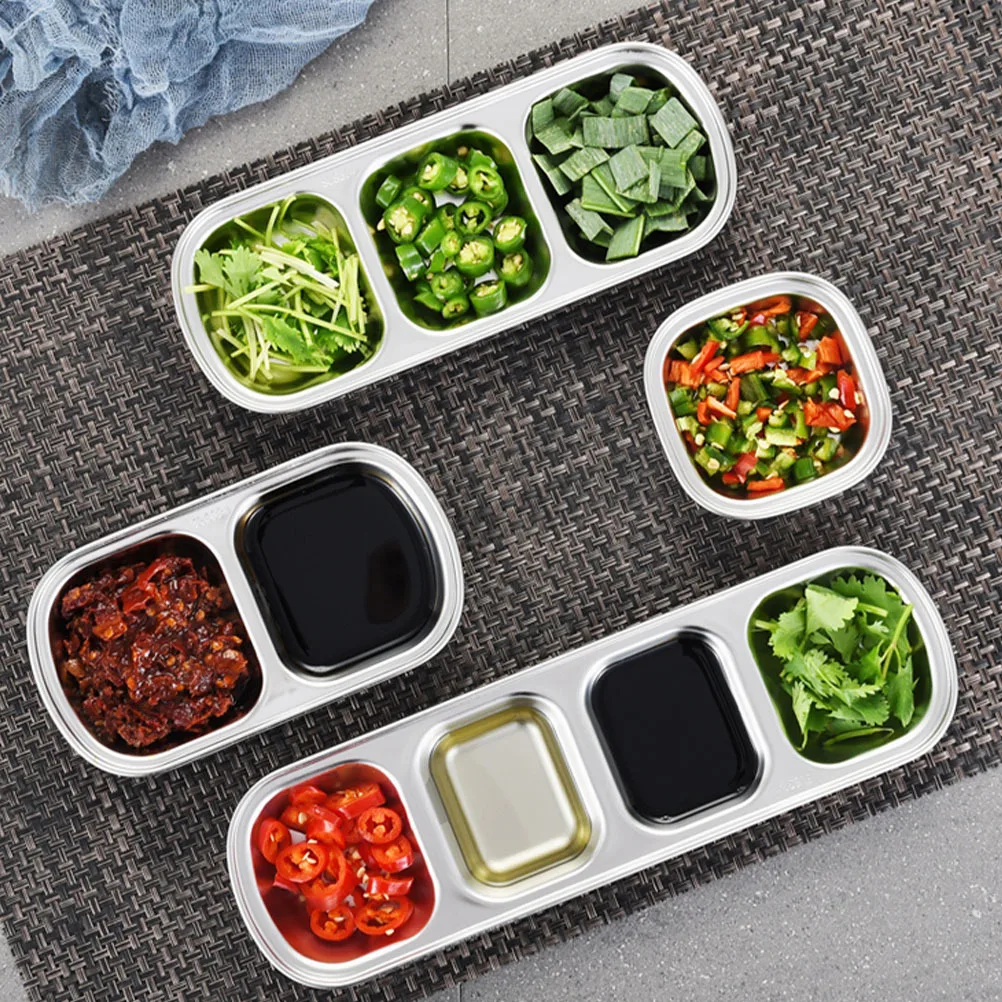 

2pcs Square Stainless Steel 3-Grid 4-Grid Seasoning Dishes Sauce Condiment Plates For Kitchen Bbq Picnic Multi-Cell Flavor