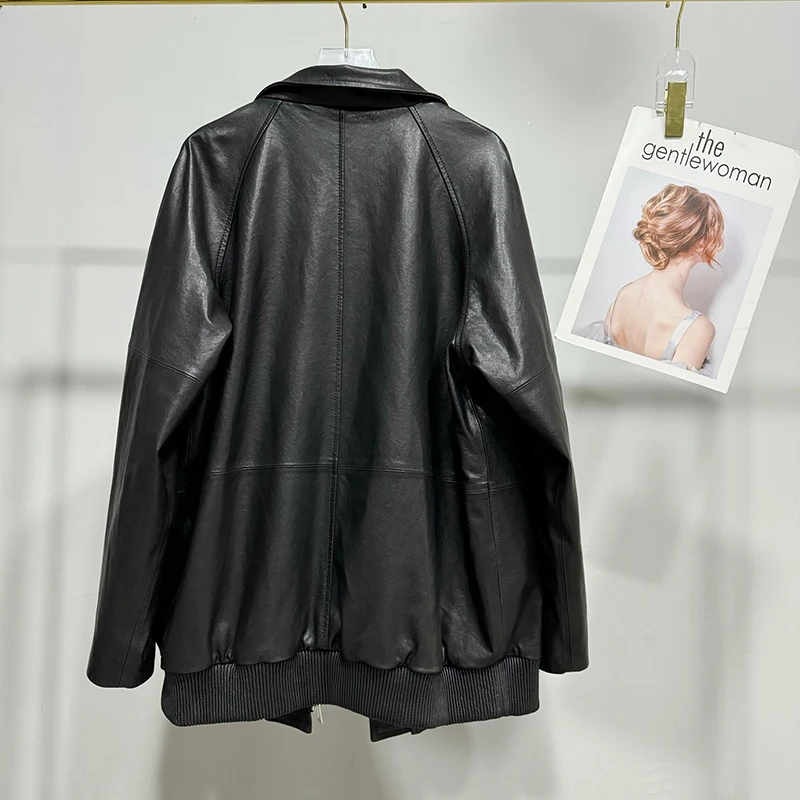 Kurtka ze skóry naturalnej 100% damska, garbowana roślinnie skóra owcza, motocyklowa, casualowa, średniej długości, luźna, czarna kurtka Lederjacken Frauen