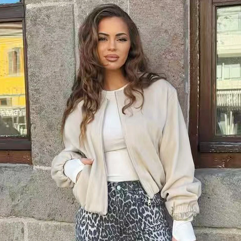 Dámské zkrácené volné bundy HXAO, červená, šedá, smetanově bílá, černá, svrchní oblečení, nadměrný top s dlouhým rukávem na zip, elegantní bomber, baseballový kabát - náhled 5