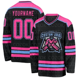 Camiseta de Hockey sobre hielo para hombre y mujer, Jersey de entrenamiento de competición con estampado 3D de tu nombre y número, color negro y rosa