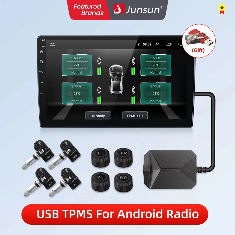 Système d'alarme de surveillance de la pression des pneus USB Junsun TPMS avec 4 capteurs internes pour lecteur DVD de voiture Android Junsun Navigation