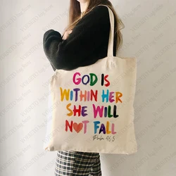 God Is Within Her She Will Not Fall Pattern Tote Bag Canvas Shoulder Bag for Christian Gift Women's Reusable Shopping Bags