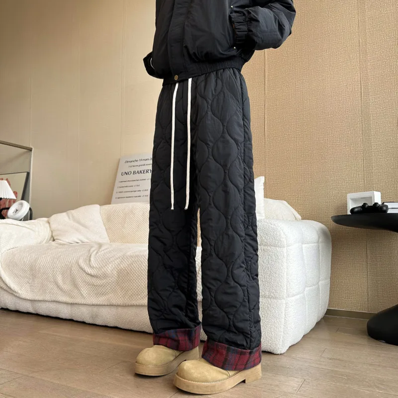 Winter Thick Pants Men Warm Fashion Casual Straight Pants Men Streetwear Loose Thicken Plaid Pants Mens Waterproof Trousers
