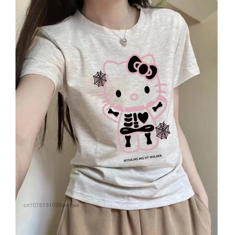 American Hello Kitty Short T-shirt for Women Sanrio Trend Streetwear Punk Style Hallwoeen Skeleton Tees Summer Crop Tops Clothes