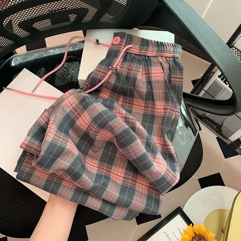 

Retro Pink Plaid Wide-leg Pants Women's 2025 Autumn and Winter New High Waist Loose Straight Pants