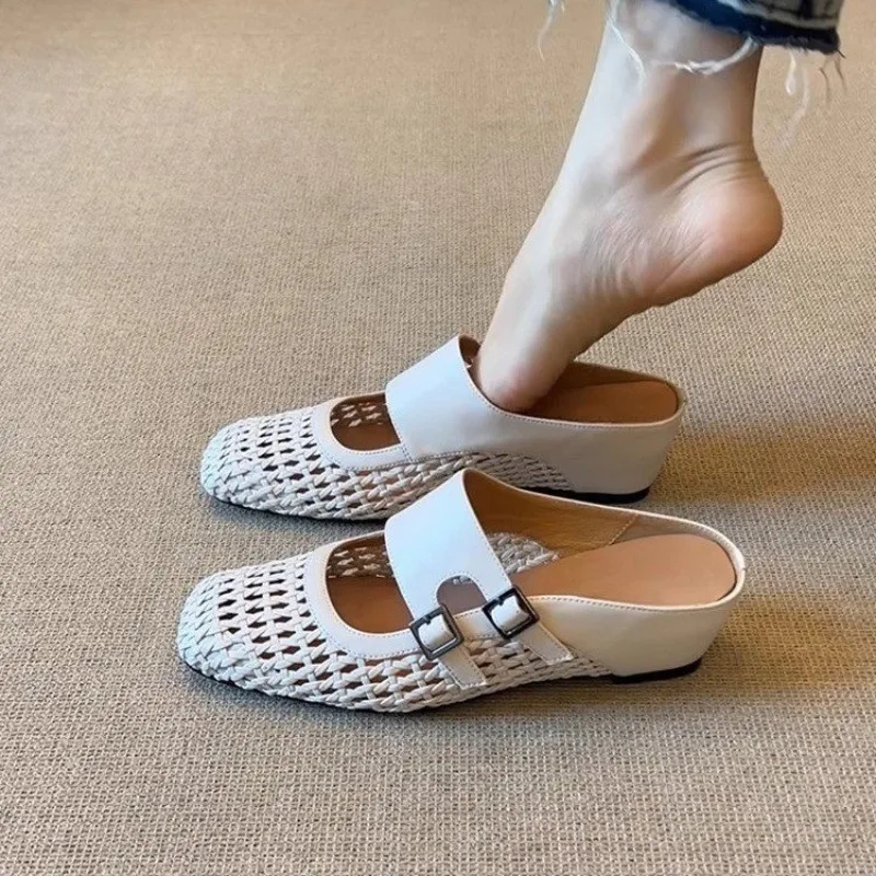 

2025 New Soft Leather Simple Wedge Heel Cool Summer New Square Toe Shallow Mouth Woven Cutout Metal Buckle Wear Wrapped Slippers