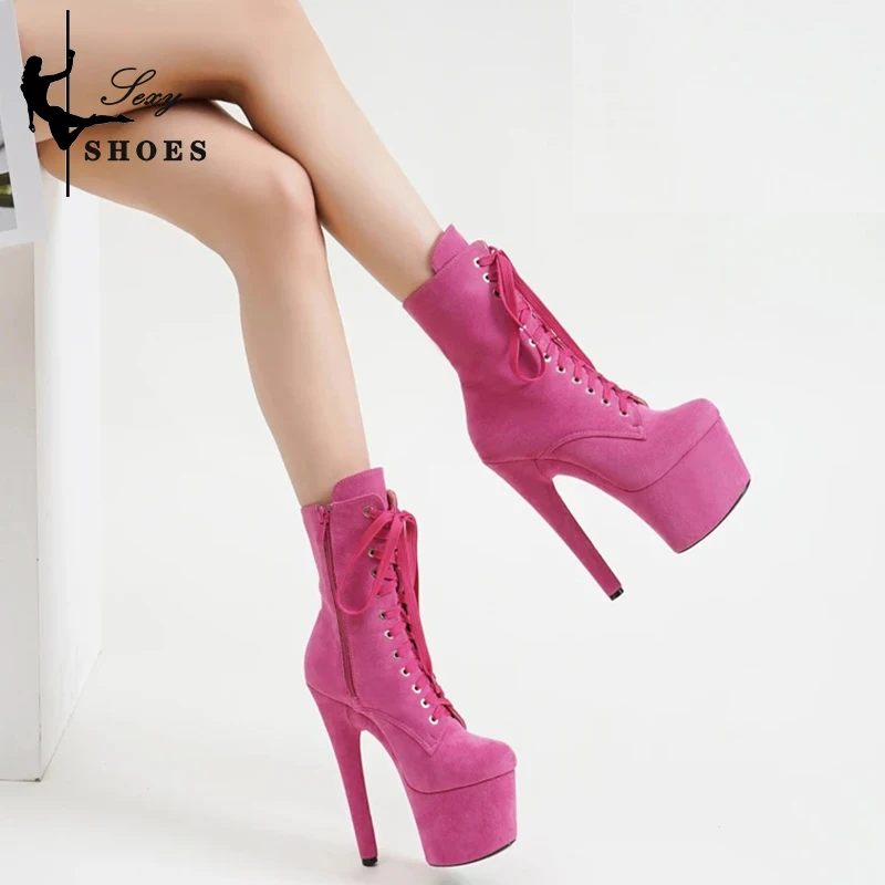 New Strip Ankle Boots 17cm/7Inch Pole Dance Shoes Catwalk Suede Heels Platform Women Short Boot Booties Lace-up Lady Knight Boot