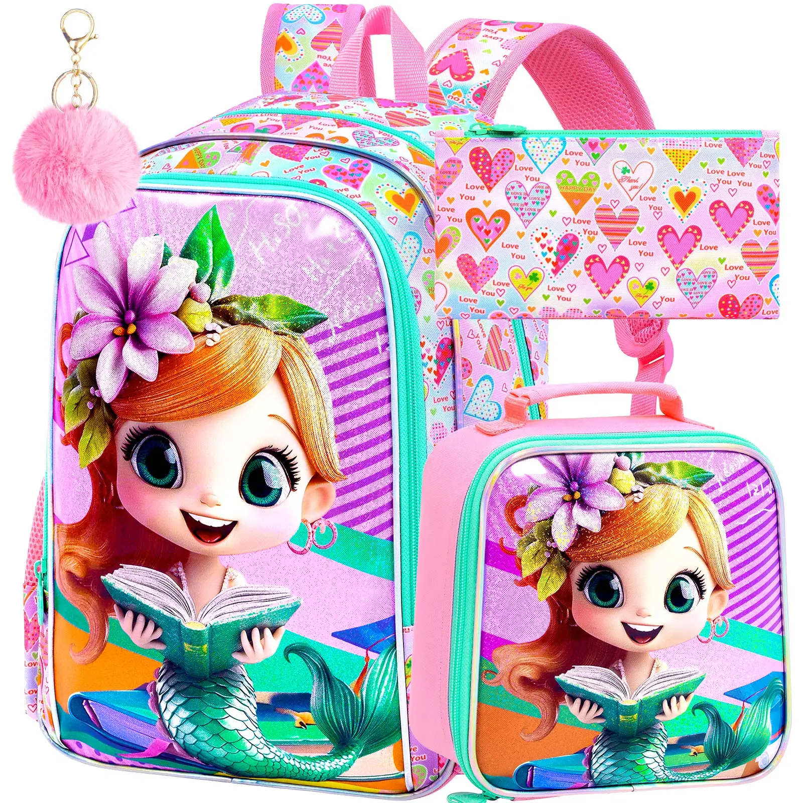 

Рюкзак с розовой рыбкой для девочек, 3 шт., детская сумка для книг с коробкой для завтрака, 16-дюймовые дошкольные рюкзаки для начальной школы