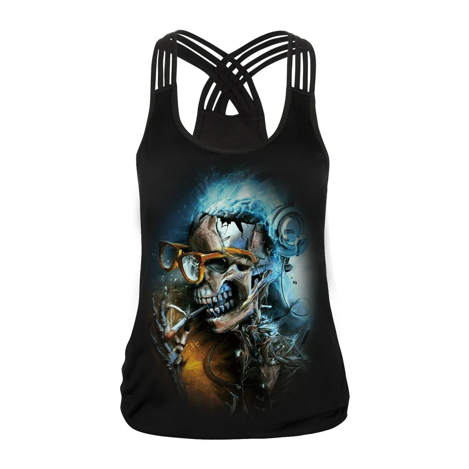 Halloween Hollow Out Women Tank Tops Streetwear Skull Pattern Tops Print Gothic Rose Vest Sleeveless Fitness