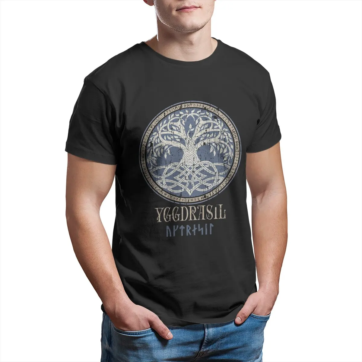 

Norse Yggdrasil Tree of Life Viking Pagan Futhark Runes Distressed Celtic knot Valhalla Odin Mythology T-Shirt 100% Cotton tee