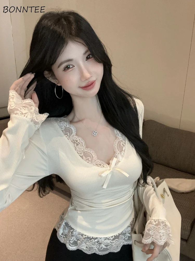 Long Sleeve T-shirts Women Lace Patchwork Designed Aesthetic Clothing Sweet Sexy Girl Y2k Top Skinny Spring Autumn Basic Ins