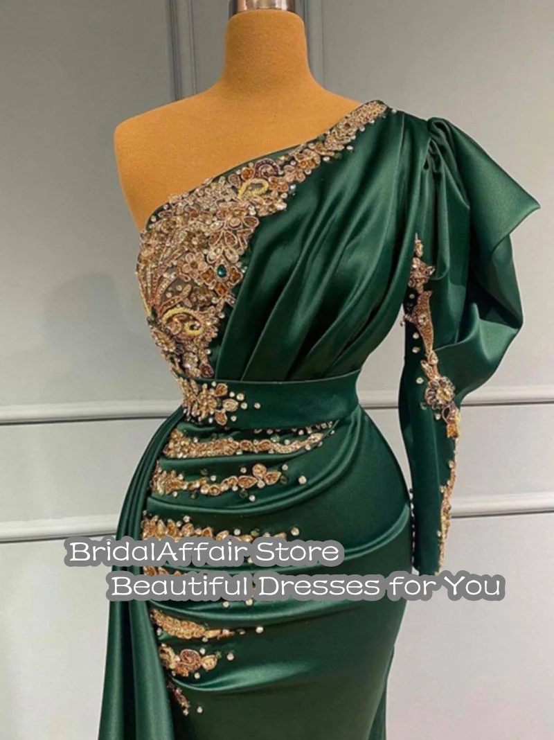 BridalAffair Chic Mermaid PromDress One Shoulder Beaded Lace Long Sleeves Green Satin Arabic Muslim Formal Party Dresses