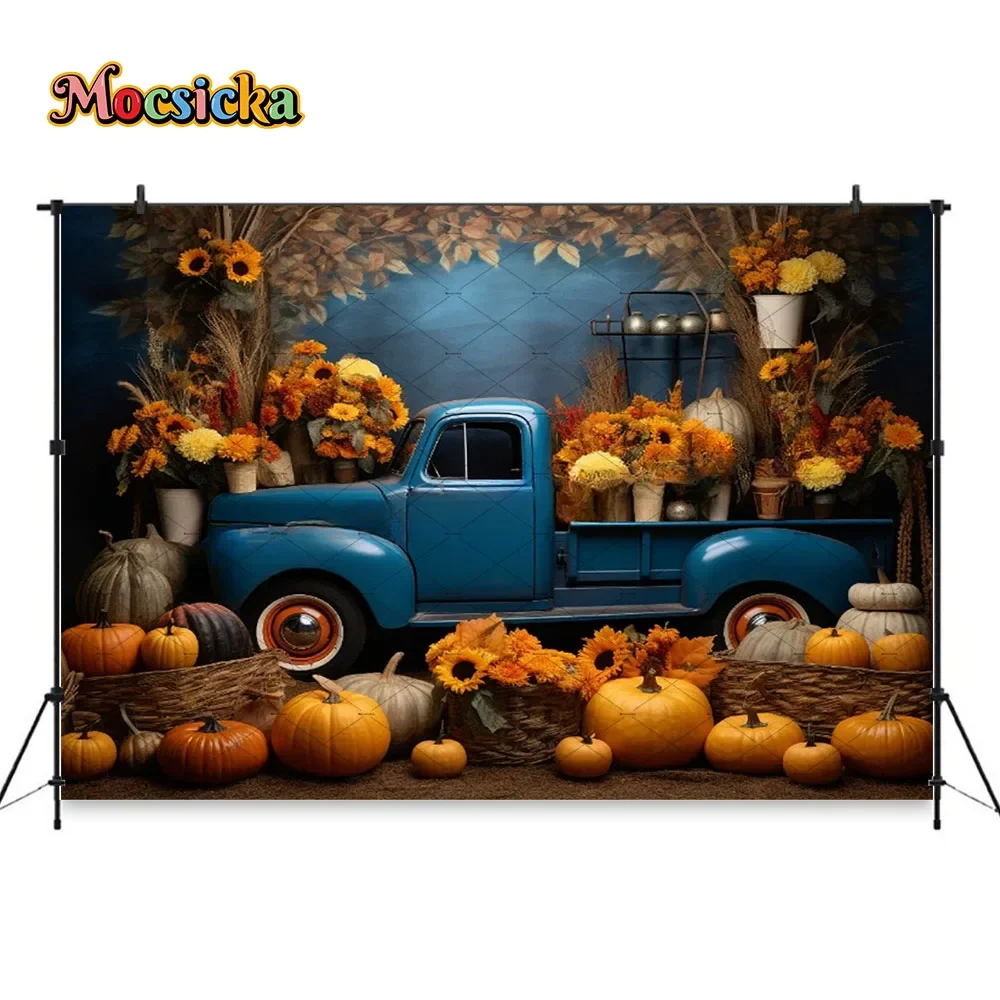 خلفية شاحنة اليقطين الخريفية من Mocsicka للتصوير الفوتوغرافي العائلي، خلفية زهرة عباد الشمس، خلفية الخريف للأطفال، حفلة عيد ميلاد استوديو الصور