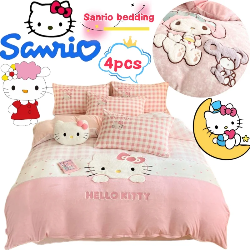 

Sanrio Hello Kitty My melody Cinnamoroll Kuromi Four-piece Creative High-value Anime Cartoon Printed Home Coral Fleece Bedding