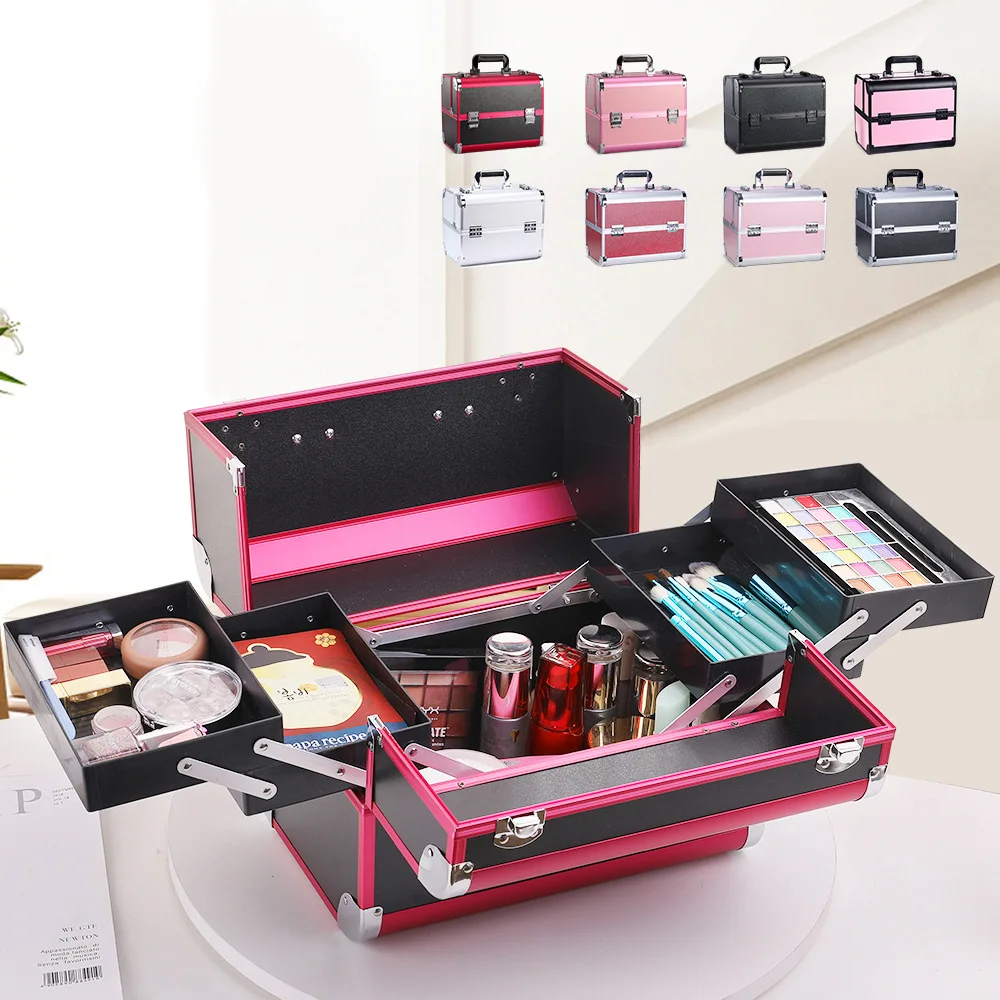 Makeup Train Case Aluminum Alloy Cosmetic Organizer Case Nail Art Tools Box With Handle 6 Trays Portable Make Up Carrying Box