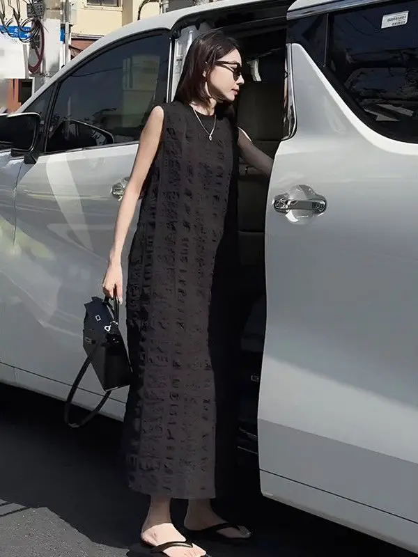 

Slimming Effect Black Vest Dress Women Summer Trend Size Sleeveless Straight Cut Belly Covering Slimming Mid-Length Dress