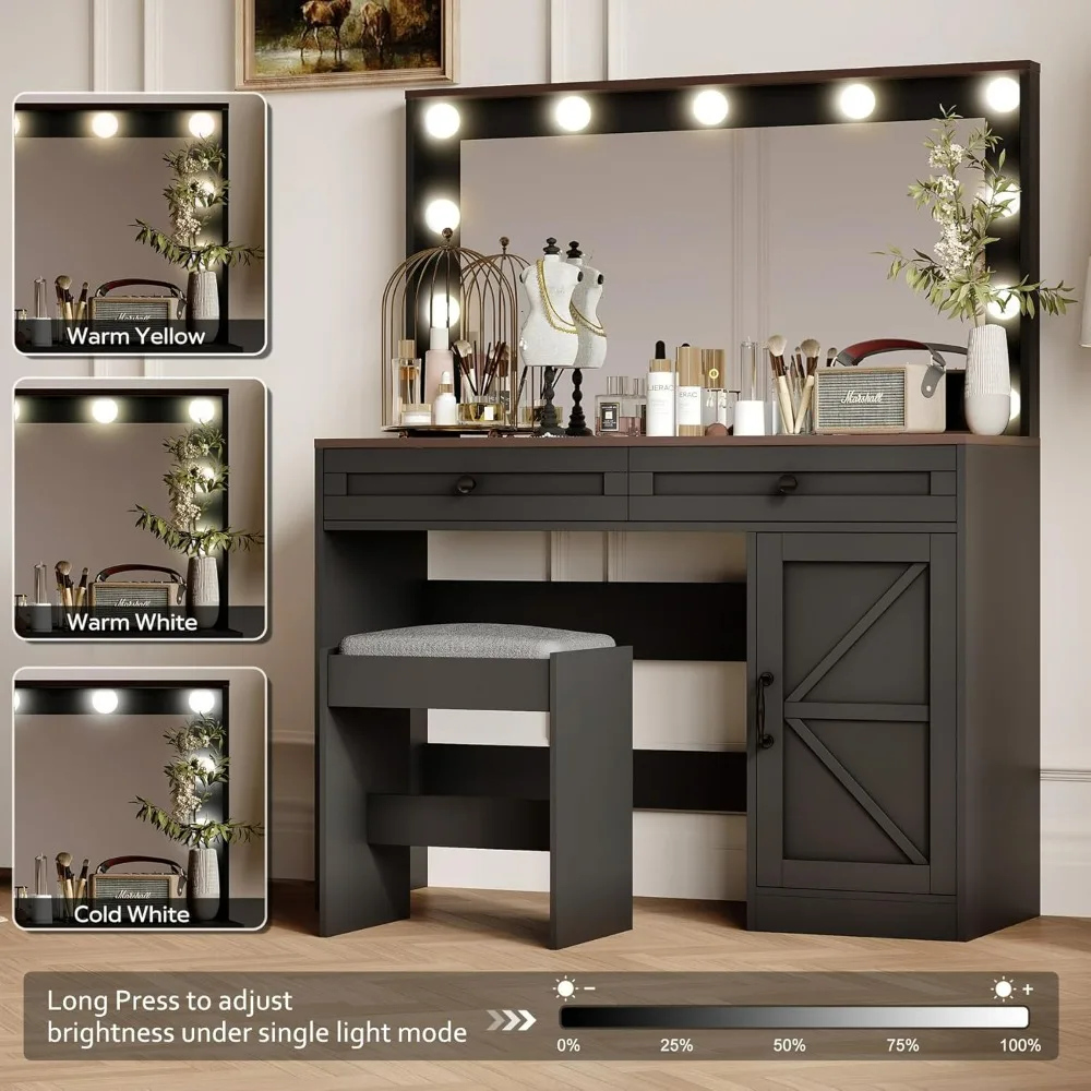 Makeup Vanity Table, Makeup Table with 11 LED Light, Brightness Adjustable, Dressing Table Desk with 3 Drawers, Vanity Desk