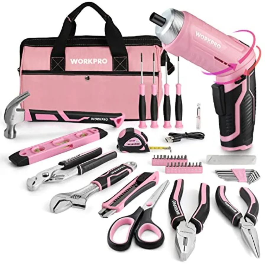 53-Piece Pink Tool set with Electric Cordless Screwdriver Basic Tool Kit Set for Women with 13'' Portable Tool Bag for DIY Home