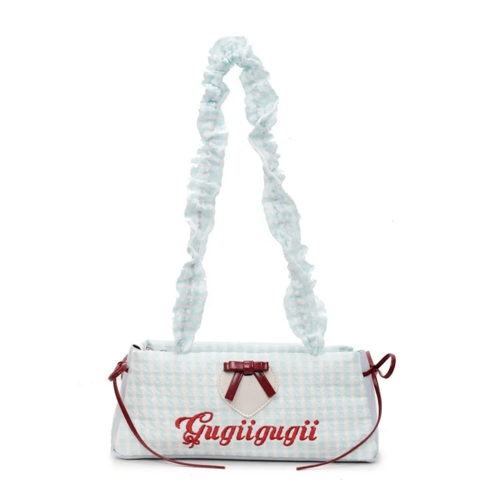 

Drawstring Shoulder Strap French Stick Handbag Pleated Contrast Color Plaid Shoulder Bag Large Capacity Heart