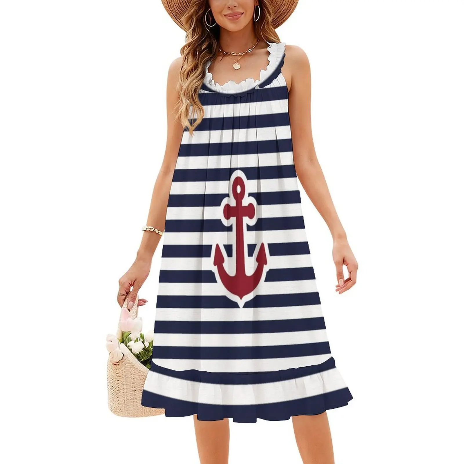 فستان بوهيمي أحمر مرساة بدون أكمام للنساء مطبوع فساتين حفلات الشاطئ Marinière Marin Ancre Rayures فستان أزرق للفتيات #4