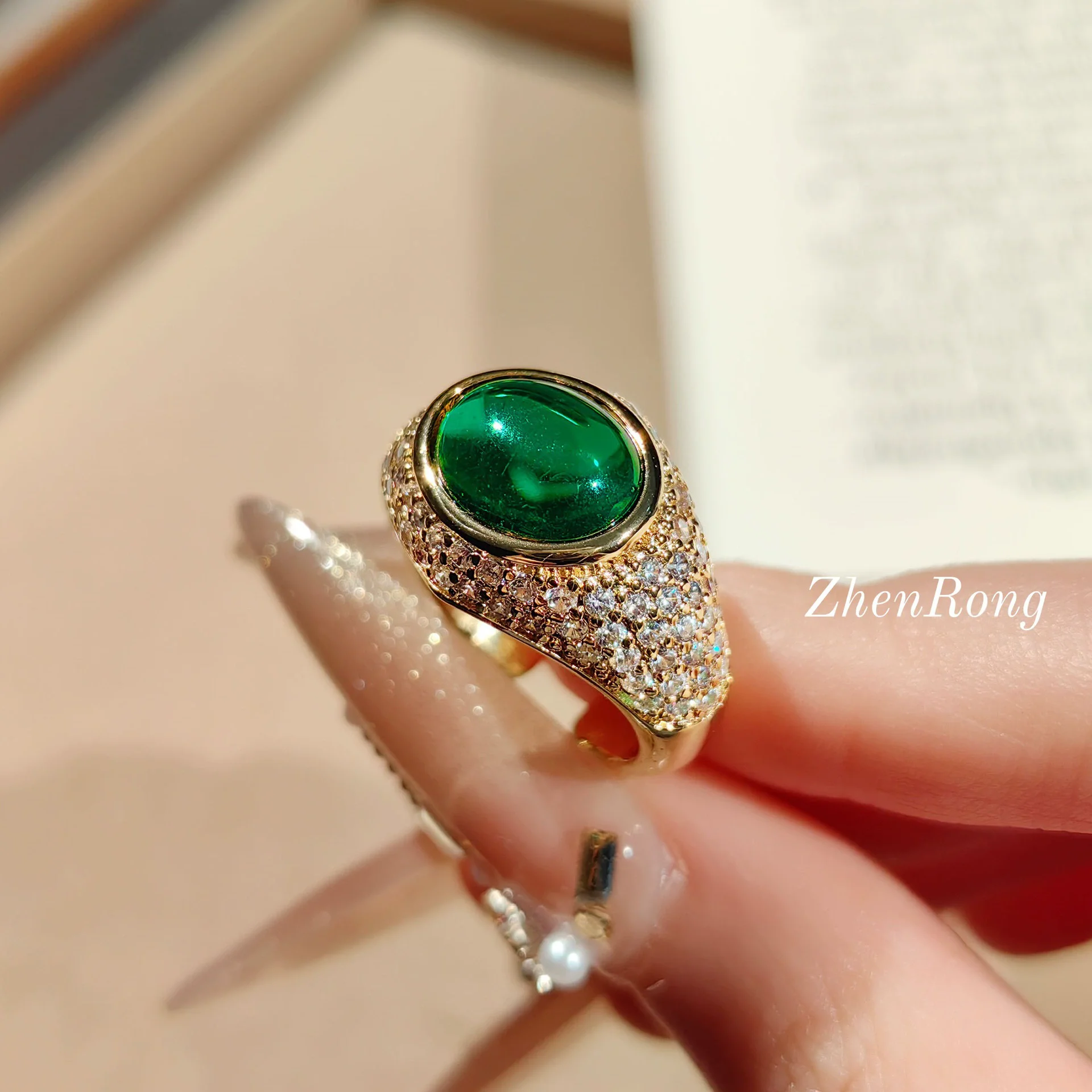Foydjew Luxury Vintage Jewelry Oval Imitation Emerald Rings For Women Fashion Elegant Gold Color Finger Accessories For Women