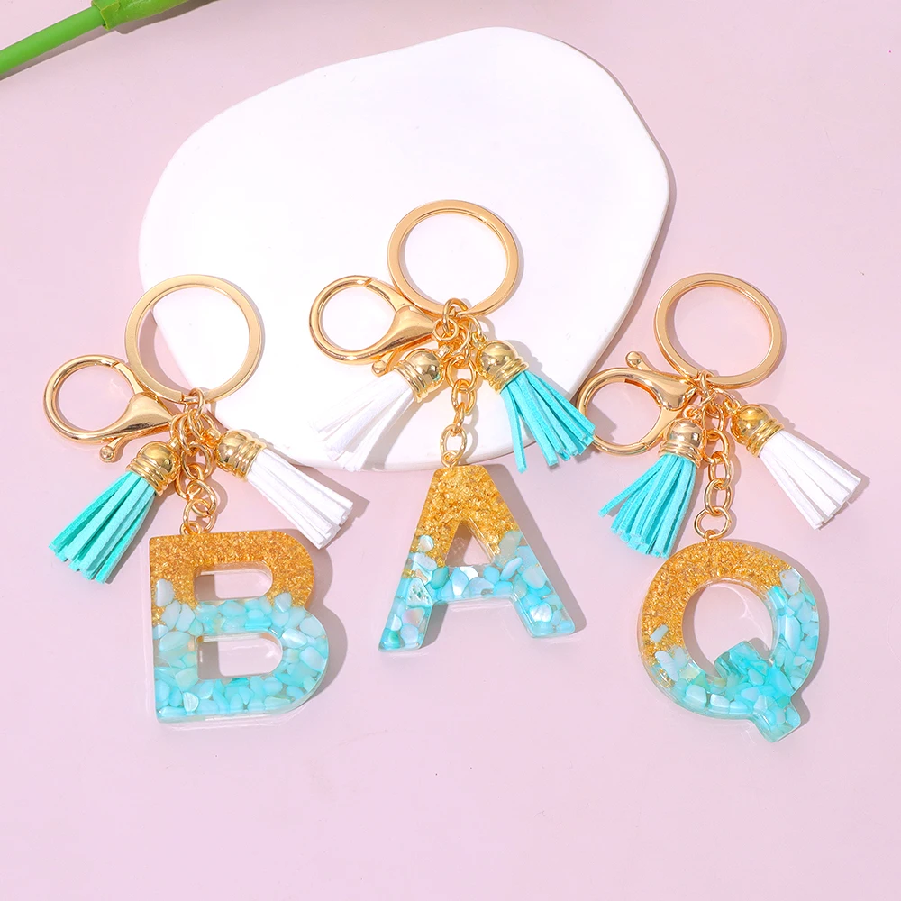 Green Color 26 Letters Resin Keychains Exquisite Gold Foil Filled Keyring With Tassel For Women Handbag Ornaments Accessories