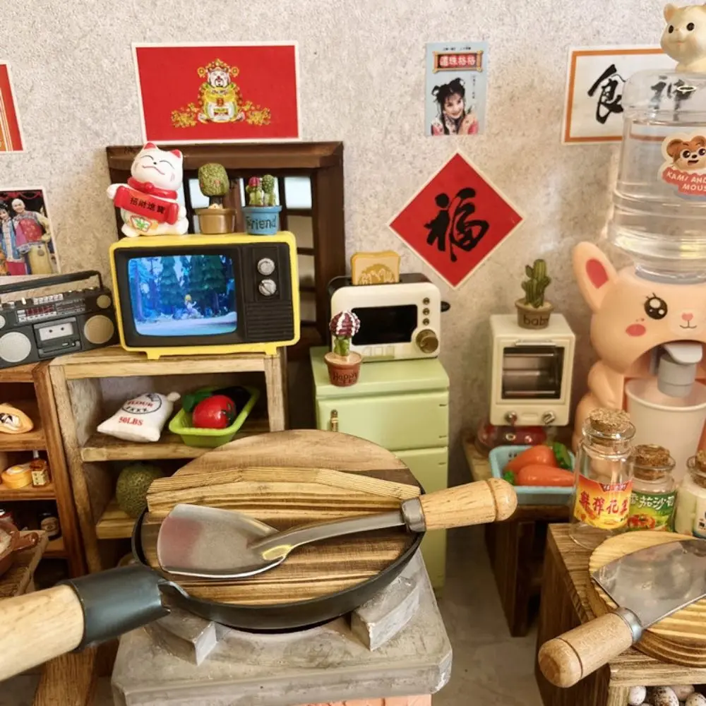 Simulation complète Mini ensemble de jeu de cuisine, poignée de table de cuisson, couvercle de casserole, ensemble d'ustensiles de cuisine en bois, meubles de maison de poupée, accessoires décoratifs