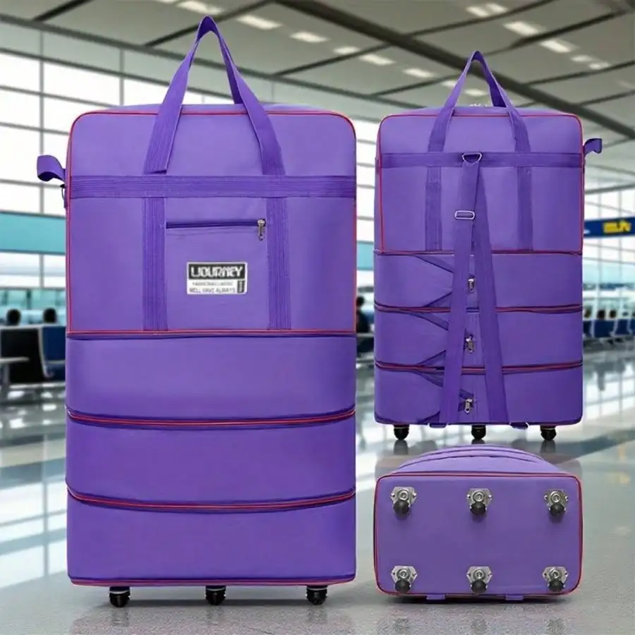 Multi-Layer Foldable Expandable Rolling Duffle Bag with Wheels, Airline Checked Luggage, Large Capacity Wheeled Travel Bag for Overseas Study, Long Trip, Moving, School, Waterproof Oxford Fabric, Lightweight Portable Trolley Duffel Travel Luggage Bag